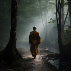 monk walking in the forest