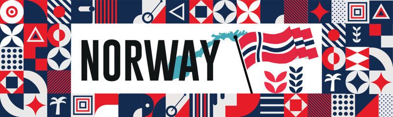 Norway national day banner design. Norwegian flag and map theme with Oslo Viking helmet background. Template vector Norway flag modern design. Abstract geometric retro shapes of red and blue color.