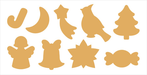 Christmas symbols icon set. Simple silhouettes of Xmas objects - shooting star, spruce tree, poinsettia, candy cane, angel, cardinal bird. Sugar cookie cutter shapes or tag label die cutting template.