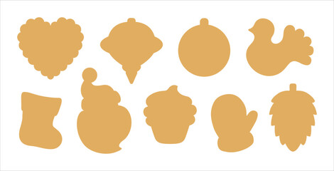 Christmas icon set. Simple patterns of Christmas symbols. Gift tag cut shape label die cutting silhouette template. Xmas sugar cookie cutter shapes. Gingerbread bird, santa claus, mitten, gift sock. 