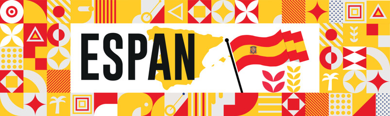 Spanish national day banner design. Spanish flag and map theme with background. Template vector Spanish flag modern design. Abstract geometric retro shapes of red and blue yellow .