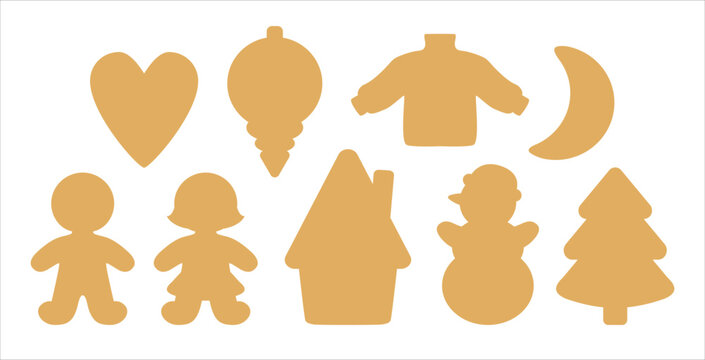 Christmas symbols icon set. Simple silhouettes of holiday objects: gingerbread man, woman, snowman, christmas tree, Xmas ornament, sweater, cute house. Sugar cookie cutter shapes or tag label die cut.