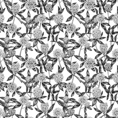 Seamless pattern of graphic clover flowers. Botanical design for fabric, textile, wallpaper, packaging. Natural elements are drawn with ink on a white background.