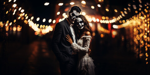 Halloween for couple banner, young elegant couple horror mask, night celebration lights
