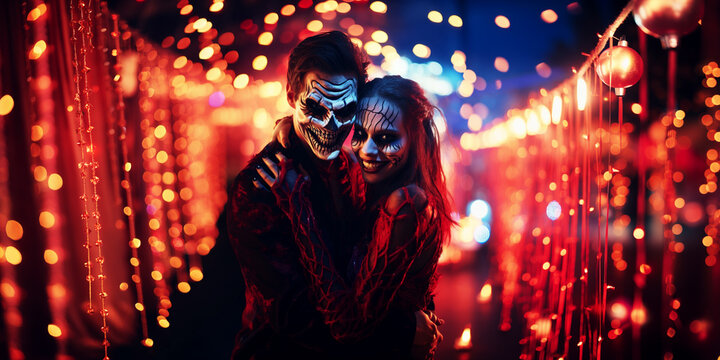 Halloween for couple banner, young elegant couple horror mask, night celebration lights