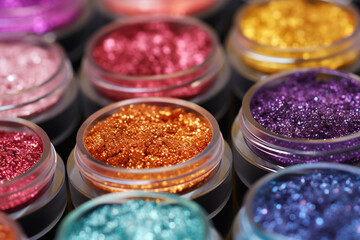 Obraz na płótnie Canvas close up texture of glitter eye shadows in plastic containers Y2K aesthetic, AI generated