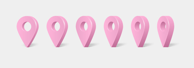 Shiny pink realistic map pointers vector set in various angles. Realistic location map pin gps pointer markers. Map pointer 3d pin. Vector illustration for destination