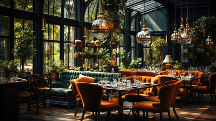 Fototapeta na wymiar Elegant cafe, dark background, earthy colours. Generative AI