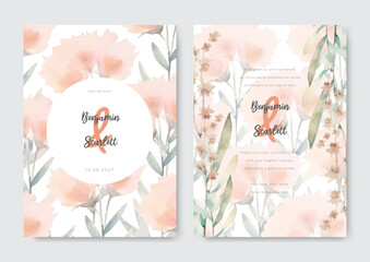 Elegant nude lily watercolor floral background border and wreath card design. Rustic theme wedding card invitation.