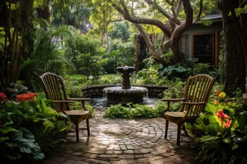 There is a wooden chair placed on a patio surrounded by a lush green garden, featuring a fountain within the house. This garden is situated outside.