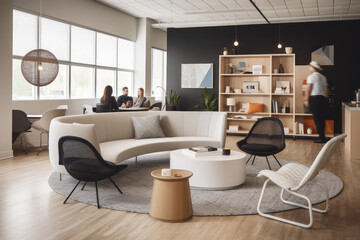 Modern office with comfortable, collaborative spaces designed for teamwork and productivity, generative AI