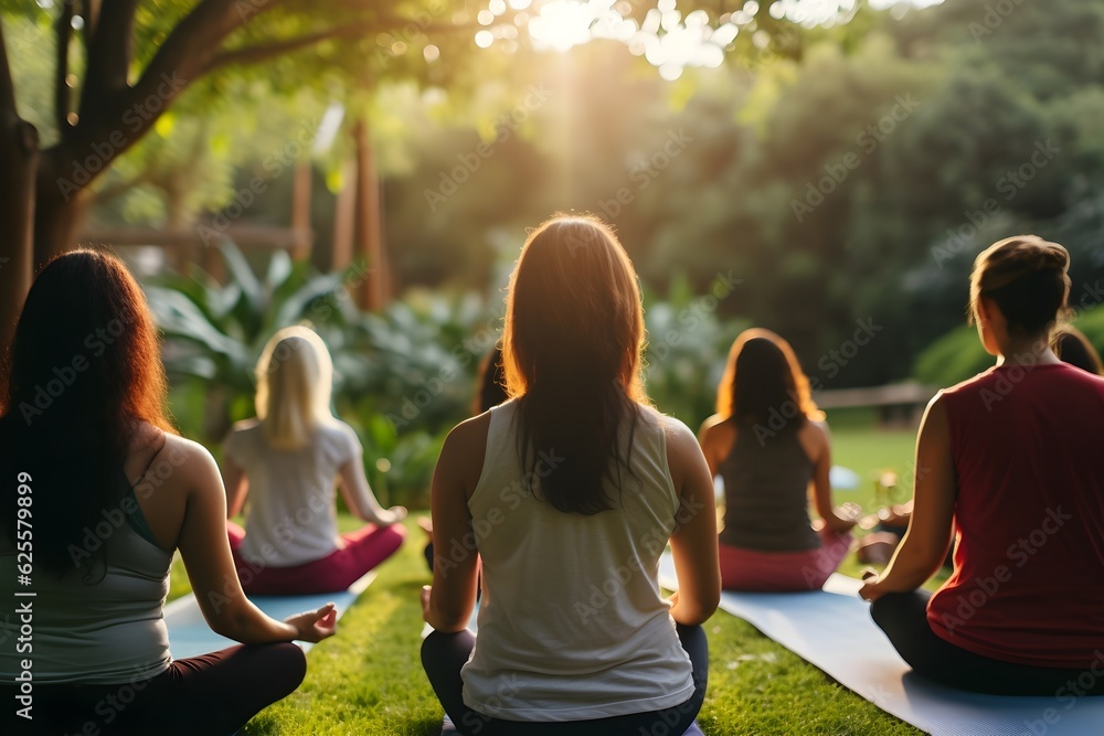 Poster An inclusive image showcasing a diverse group of people of different ages, sizes, 
and ethnicities practicing yoga together in a park, representing unity and wellness.