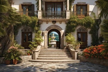 Fototapeta na wymiar Outdoor view of a three story villa depicting the entrance doorway