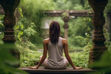 A calm image of a woman practicing yoga in a serene outdoor setting. This tranquil scene highlights the physical and mental harmony achieved through yoga.