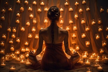 A powerful image of a yogi in deep meditation, surrounded by the soft glow of candlelight. 
The image portrays a sense of serenity and deep spiritual connection.