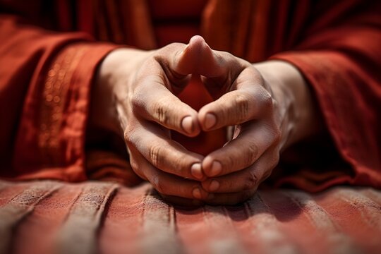 A close-up image of a yoga practitioner's hands forming a mudra during meditation. 
This image symbolizes focus, spirituality, and inner peace.