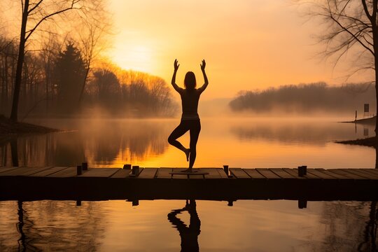An idyllic image of an early morning yoga session taking place near a tranquil lake as the sun begins to rise. 
It illustrates the concept of peace, tranquility and harmony with nature.
