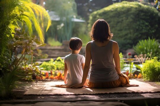 A heartwarming image of a yoga teacher guiding a young child into a yoga pose in a tranquil garden setting. 
It depicts the passing on of wisdom and the promotion of early wellness habits.