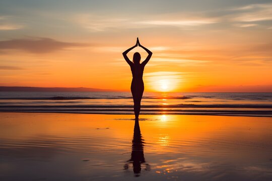 An inspiring image of a person practicing yoga on a beach at sunrise. 
This image represents peace, tranquility, and the idea of greeting the day with mindfulness and balance.