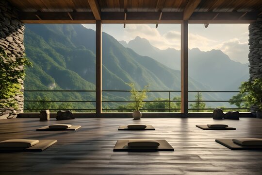 A captivating image showing a yoga retreat with practitioners performing poses, 
with a breathtaking mountainous landscape in the background. It illustrates the concept of retreat, rejuvenation, and c