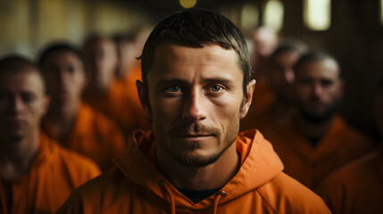 Prisoners in orange shirts at the prison Desperate handcuffed prisoner looking at camera with people behind the scenes Generative AI