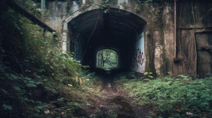 Fototapeta na wymiar Entrance gate of concrete tunnel, part of abandoned underground submarine base.