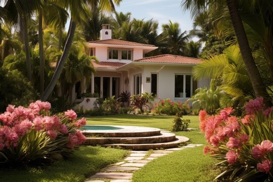 A typical home in rural Southwest Florida is made of concrete blocks and stucco, surrounded by palm trees, exotic plants, and vibrant flowers. Its lawn is covered in bahia grass, and there are also