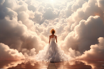 Fototapeta na wymiar Rear view of young woman in wedding dress walking along fantasy bridge in cloudy skies. AI generated
