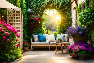 A lush terrace garden filled with colorful blooming flowers