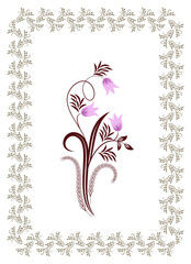 Card with floral ornament and bluebell flowers, leaves and abstract lines. Graceful decorative postcard for greeting or invitation.