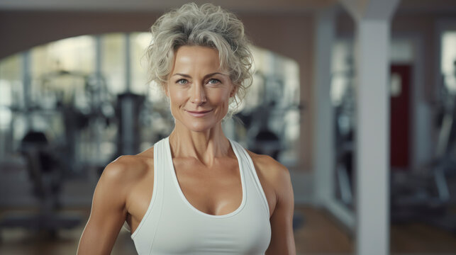 Beautiful woman with curly hair in fitness studio. Training concept.