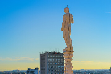 Italy, Milan, 5.3.2018: Statues on the roof of the Cathedral in Milan