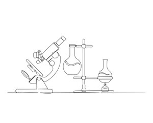 Continuous one line drawing of microscope and laboratory test tube. Microscope line art vector illustration. Research and science concept. Editable stroke.	