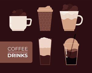 Flat vector minimalist collection of coffee drinks illustrations in brown colors