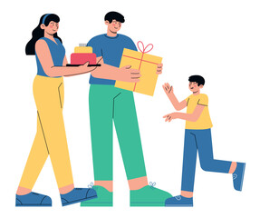 Happy smiling parents celebrate birthday of their son with cake and presents. Flat vector illustration of family celebration