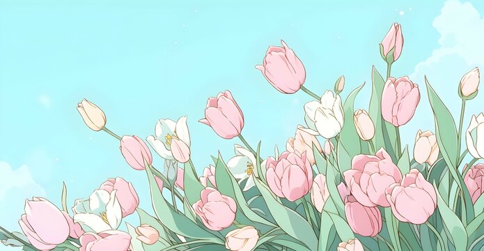 Pink tulips flowers on blue sky background  in the style of anime and manga. Generative Ai