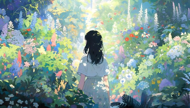 Anime Girl in Colorful Flower Forest in Anime Style. A Digital Painting. Generative AI