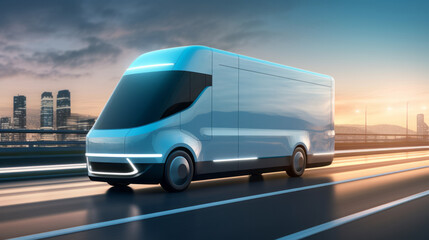 Concept design of a futuristic EV electric vans or trucks on the highway for logistics and future energy solutions concepts