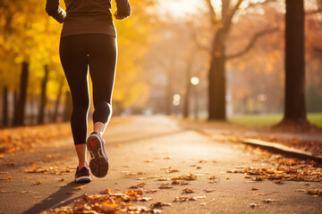 Legs of a female runner jogging in a park on an autumn sunny afternoon