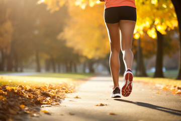 Legs of a female runner jogging in a park on an autumn sunny afternoon