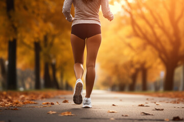 Legs of a female runner jogging in a park on an autumn sunny afternoon