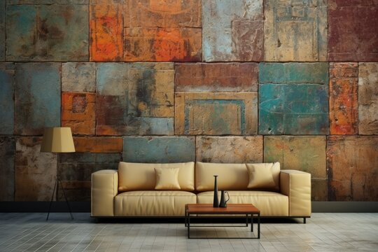 Interior home decoration with multicolour rustic digital wall tiles, suitable for rustic ceramic wall tile designs. This heavily mixed wall art decor for home also includes options like wallpaper