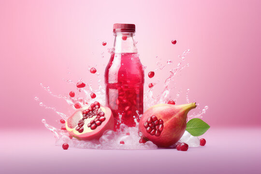 Clear plastic transparent bottle with natural freshly red pomegranate juice, splashes, ripe pomegranate grains isolated on flat background with copy space. Creative minimal fruit drink banner concept