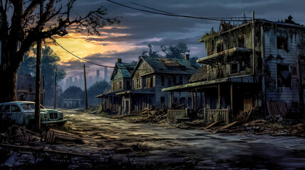 Fototapeta premium old abandoned houses in haunted city, made with Generative AI