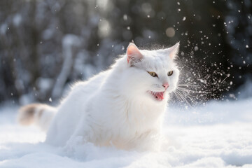 Cat smacked by snowball. Cute kitten with surprised and angry face, hit by snow during snow fight. Generated AI.