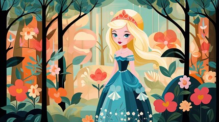 Cute and beautiful fairy tale princess in the woods forest background. Orange and green warm tone. Generative AI