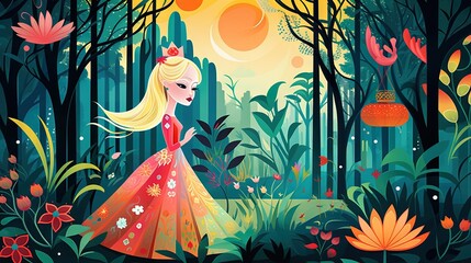 Cute and beautiful fairy tale princess in the woods forest background. Orange and green warm tone. Generative AI