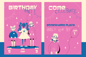 Bright invitation to kids birthday party retro style.Happy girl invitation banners.Children event celebration flyer.Cartoon vector posters.