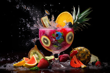 a cockail in a glass with fruits on side