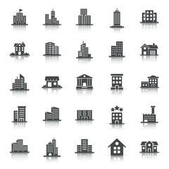 Fototapeta premium Building icon set in flat style. Town skyscraper apartment vector illustration on white isolated background. City tower business concept.